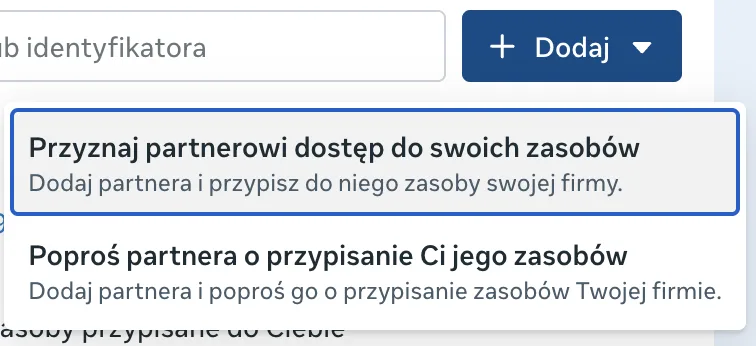 Rozwinięty przycisk Dodaj z opcją przyznania partnerowi dostępu do zasobów
