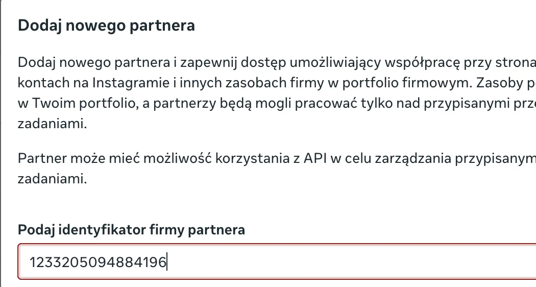 Okno dodawania partnera z polem na identyfikator portfolio