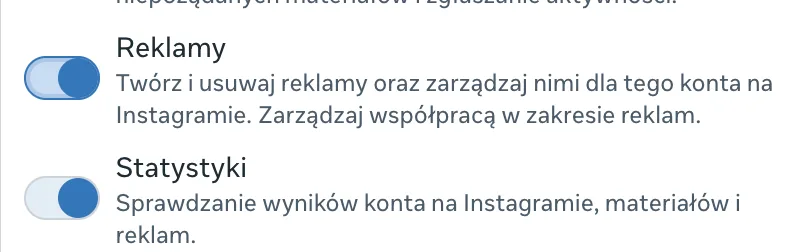 Przełącznik Reklamy przy koncie na Instagramie