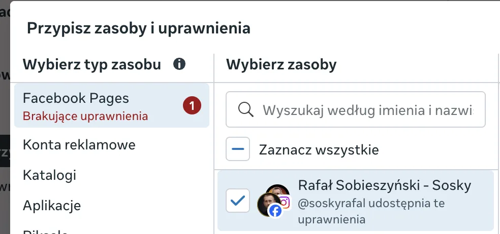 Okno przypisywania zasobów z wybraną kategorią Facebook Pages