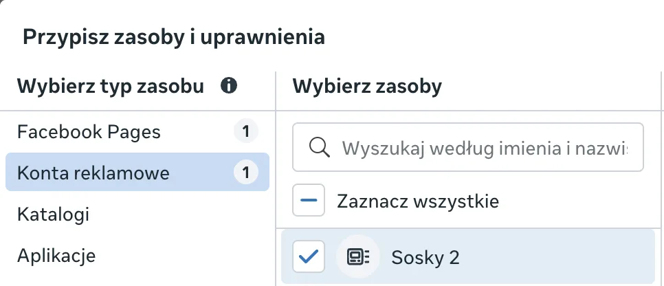Okno przypisywania zasobów z wybraną kategorią Konta reklamowe