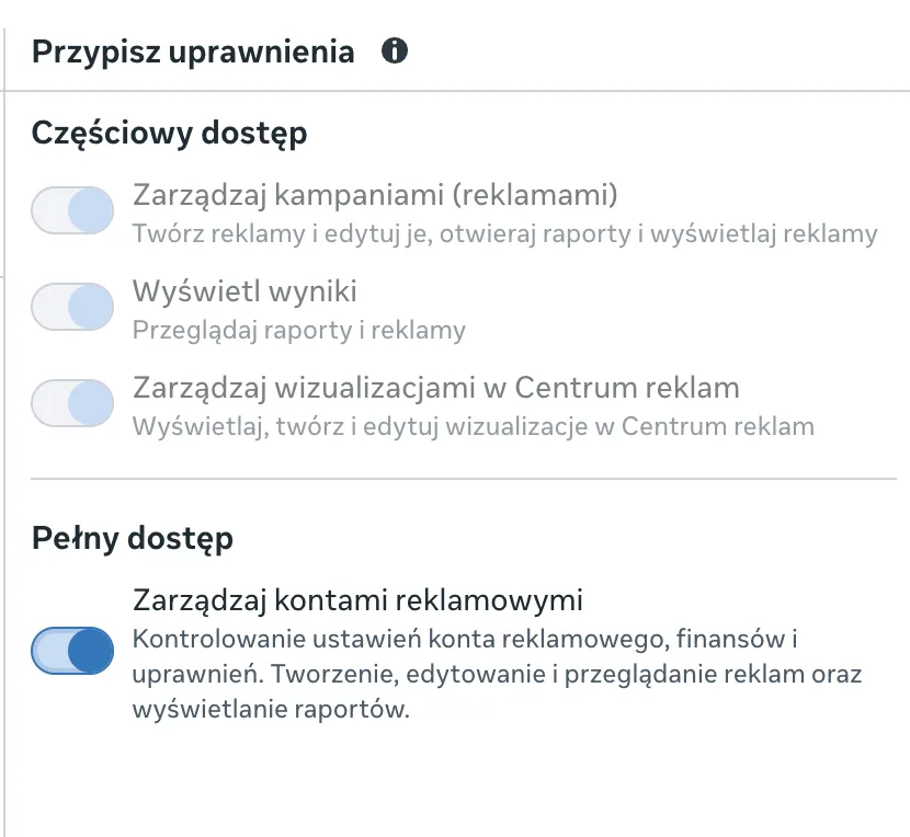 Lista uprawnień konta reklamowego z włączonym zarządzaniem