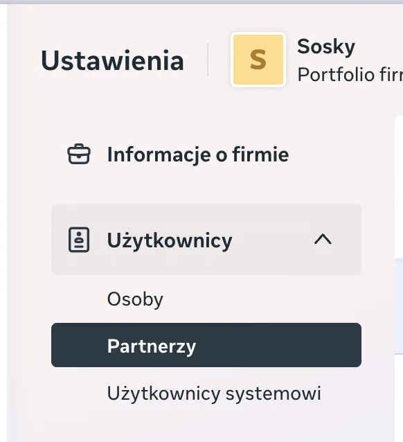 Menu Użytkownicy z pozycją Partnerzy