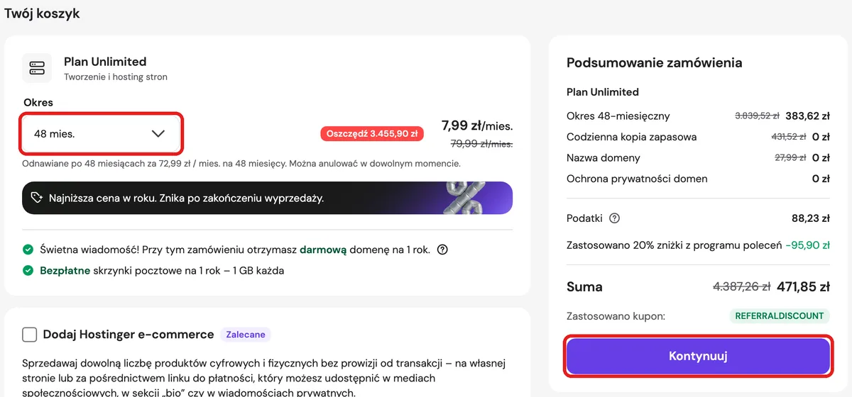 Koszyk Hostingera z okresem 48 miesięcy, kuponem REFERRALDISCOUNT i przyciskiem Kontynuuj