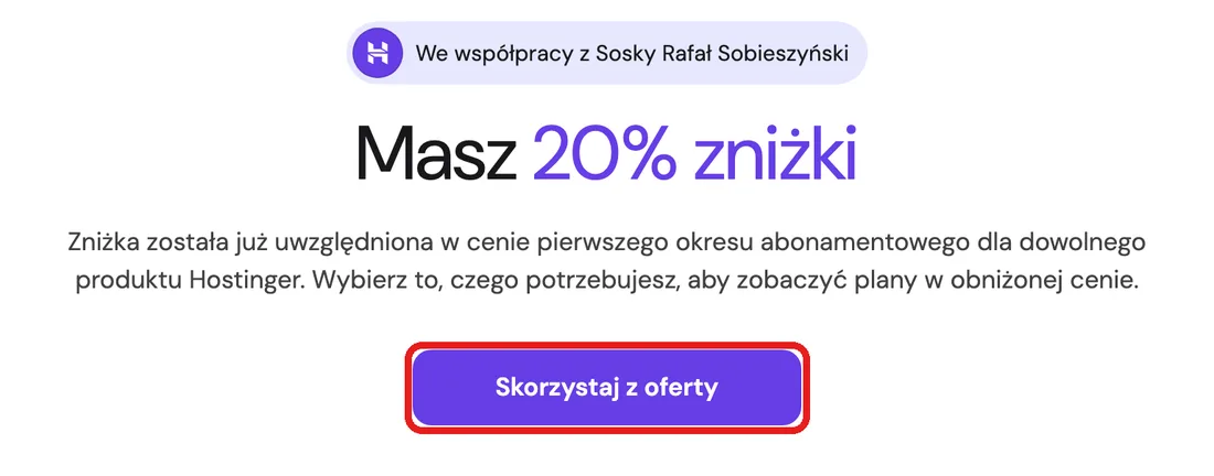 Strona Hostingera z napisem Masz 20% zniżki i przyciskiem Skorzystaj z oferty