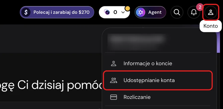 Menu Konto w hPanelu z zaznaczoną pozycją Udostępnianie konta