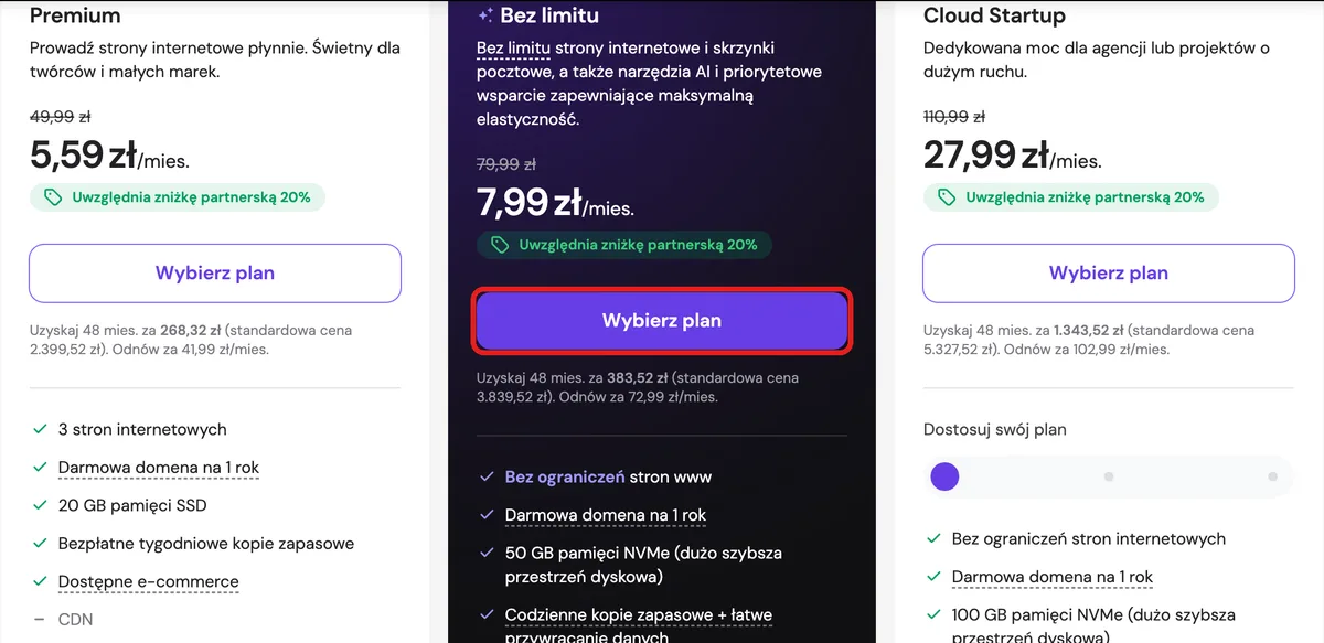 Cennik Hostingera z zaznaczonym przyciskiem Wybierz plan w kafelku Bez limitu