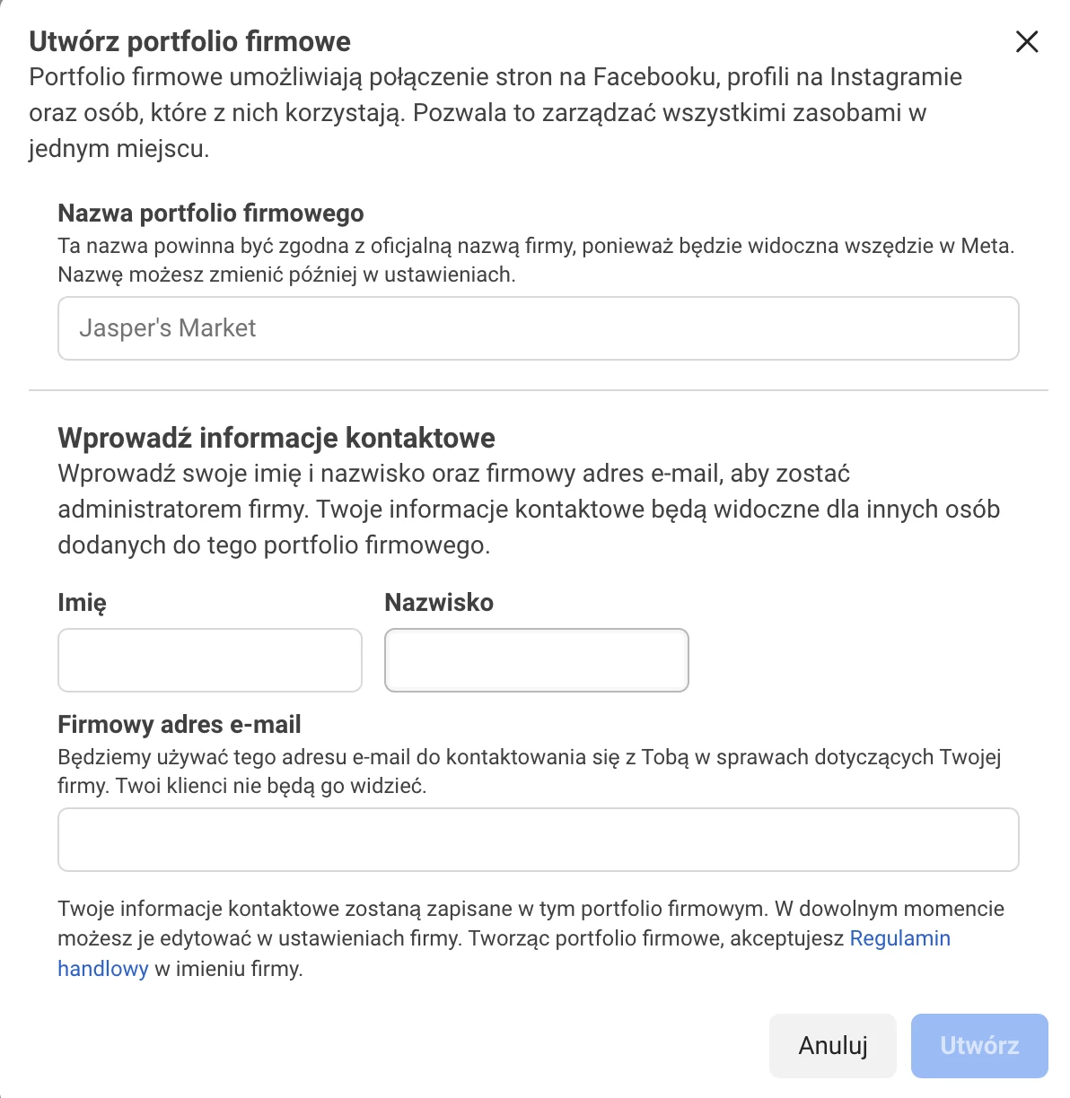 Formularz Utwórz portfolio firmowe: nazwa, imię, nazwisko, firmowy e-mail