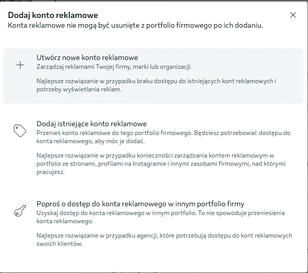 Okno Dodaj konto reklamowe z opcją Utwórz nowe konto reklamowe