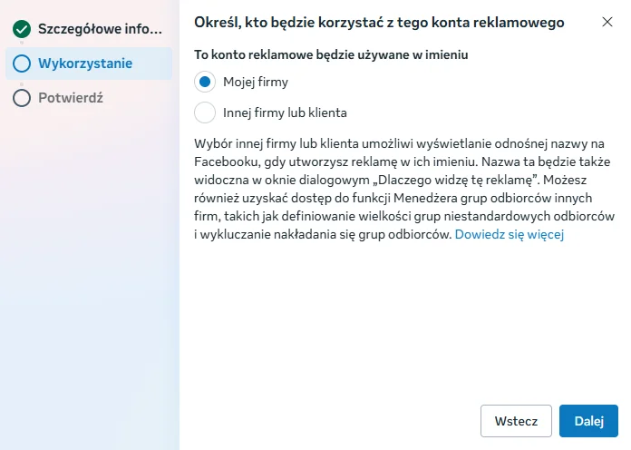 Wybór Moja firma przy pytaniu o użytkownika konta reklamowego