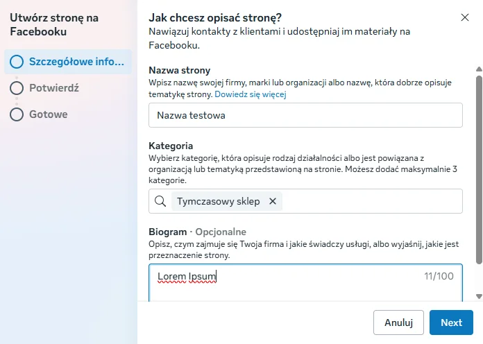 Formularz nowej strony: nazwa, kategoria, biogram