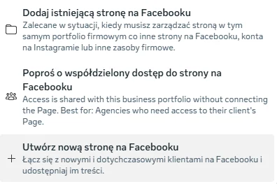 Opcje dodawania strony z pozycją Utwórz nową stronę na Facebooku