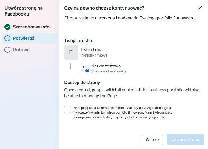 Potwierdzenie utworzenia strony w portfolio