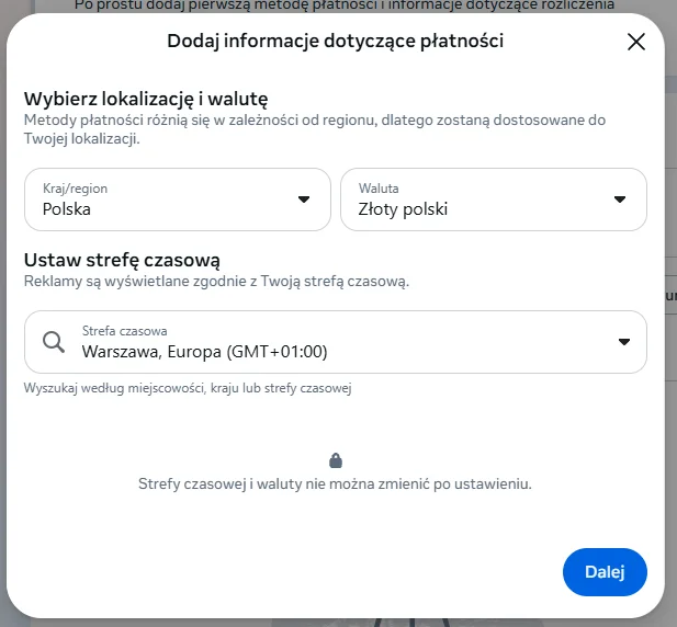 Wybór kraju, waluty i strefy czasowej płatności