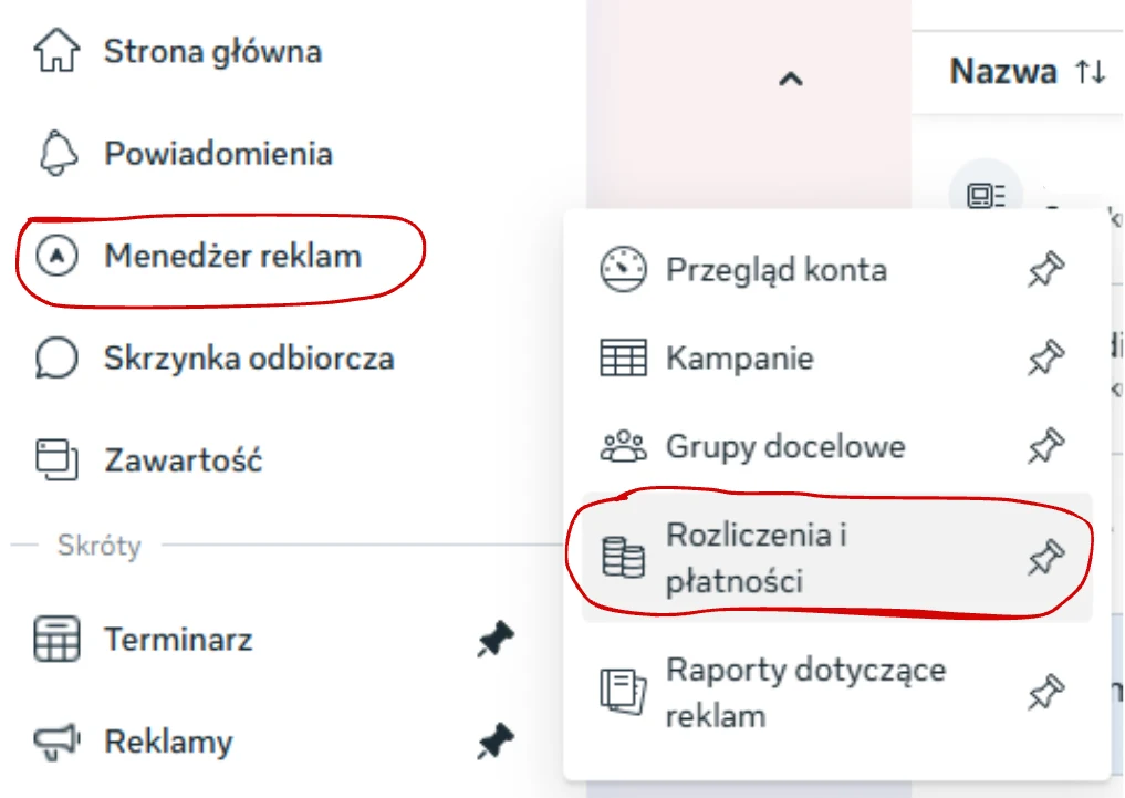 Menu Menedżera reklam z pozycją Rozliczenia i płatności