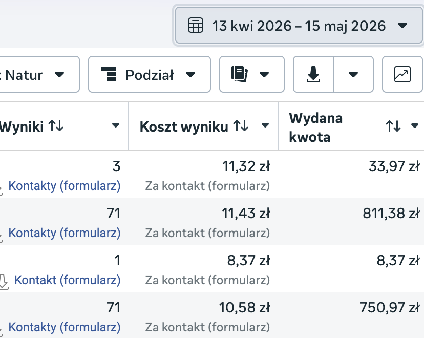 Zrzut z Menedżera Reklam: kontakty z formularza po 8,37-11,43 zł